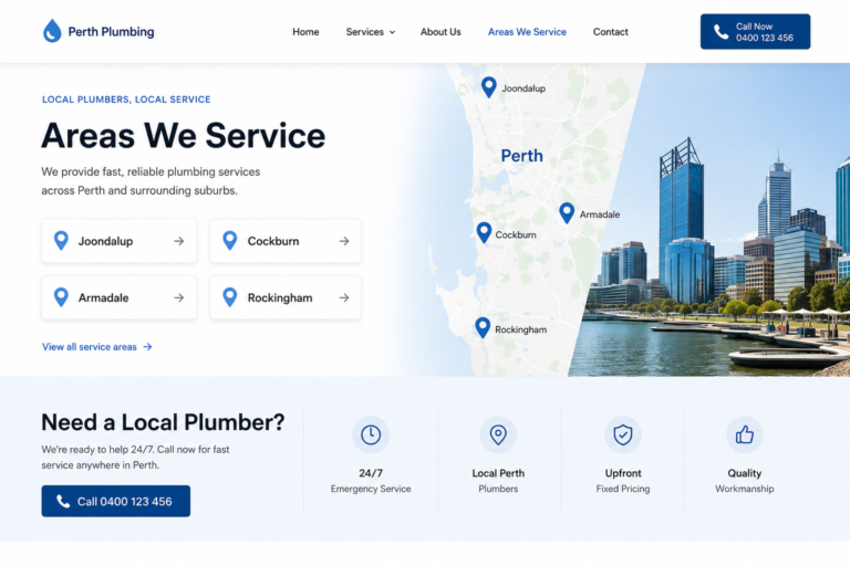 Perth plumber website showing a clearly listed service area and suburbs