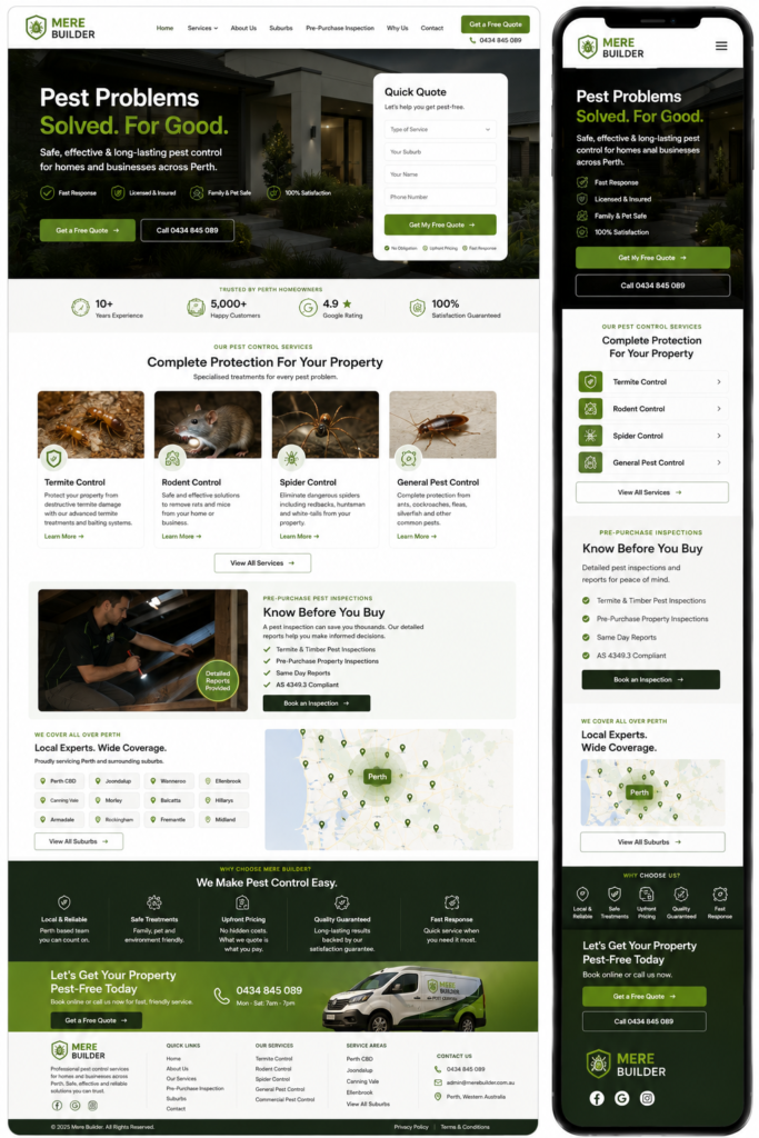 Perth pest control website design showing termite, rodent and spider treatment pages