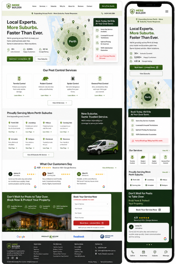 Perth pest control website design with suburb landing pages and urgency-aware booking form