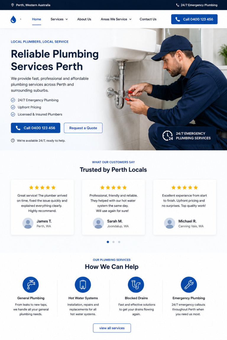 Plumber website homepage with customer review cards below the hero section