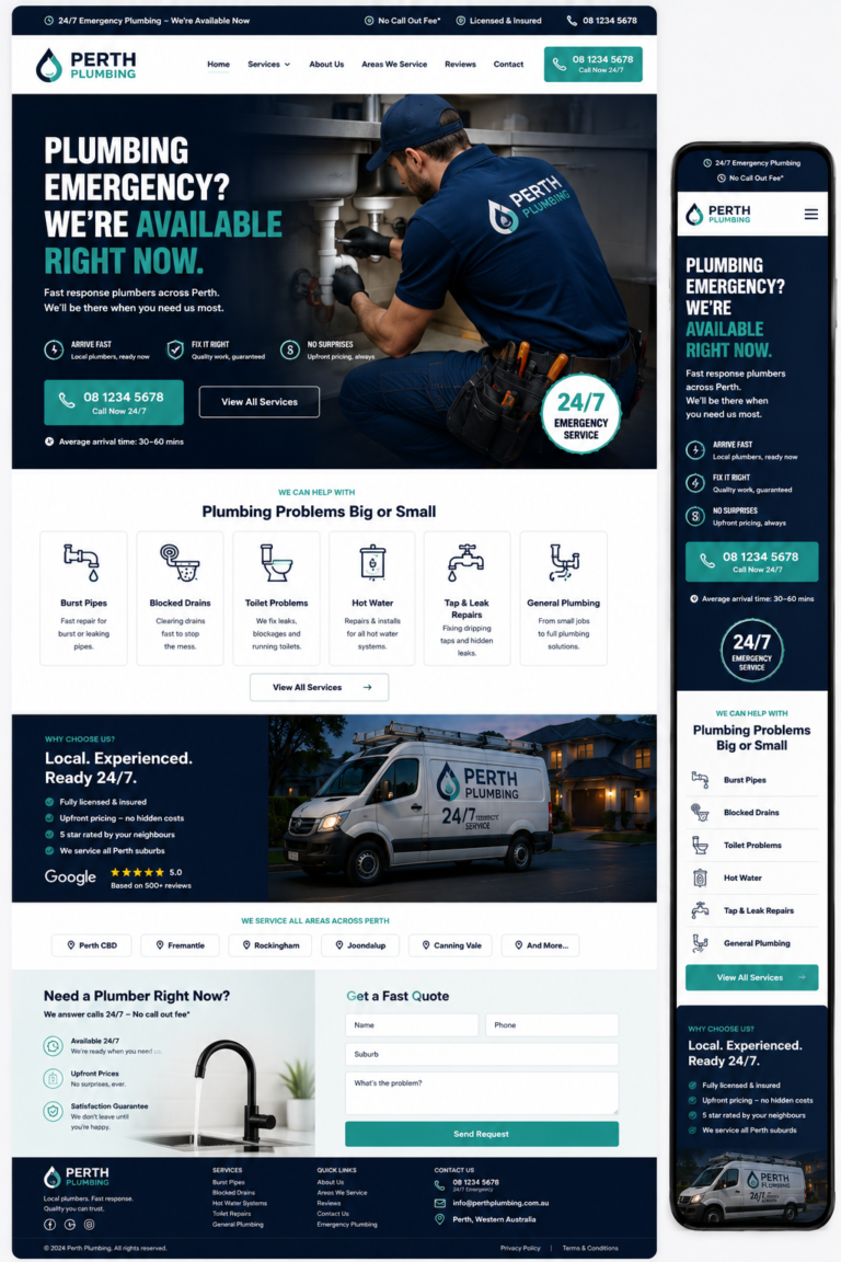Perth plumber website design with emergency click-to-call header for burst pipe callouts