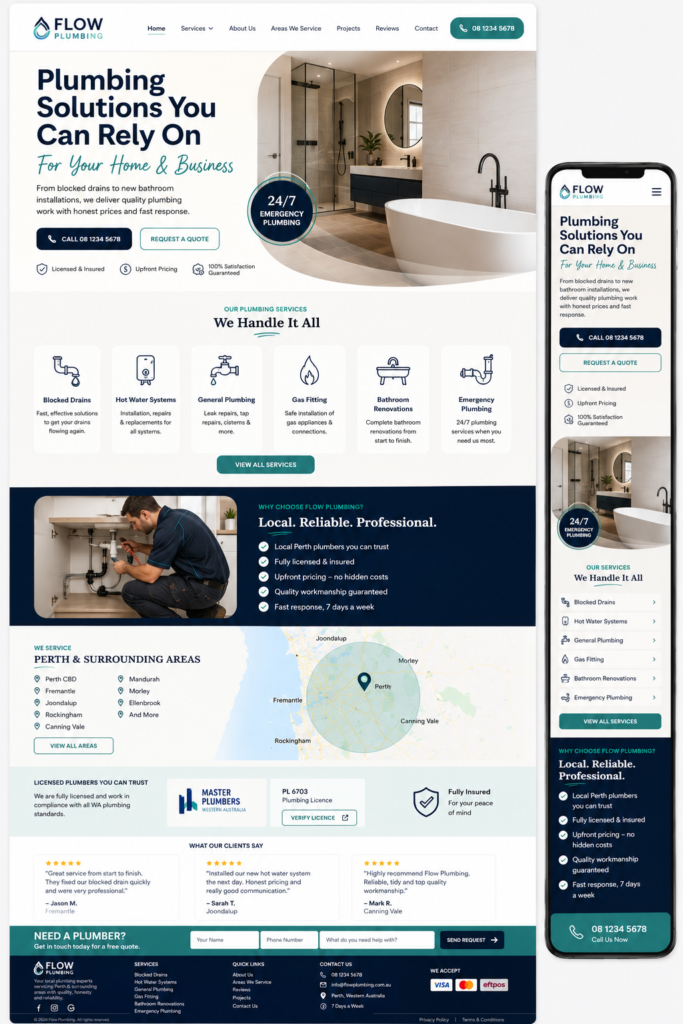 Perth plumbing website design showing hot water, gas fitting and drain clearing service pages