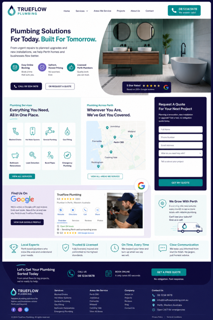 Perth plumber website design with suburb landing pages and quote request form