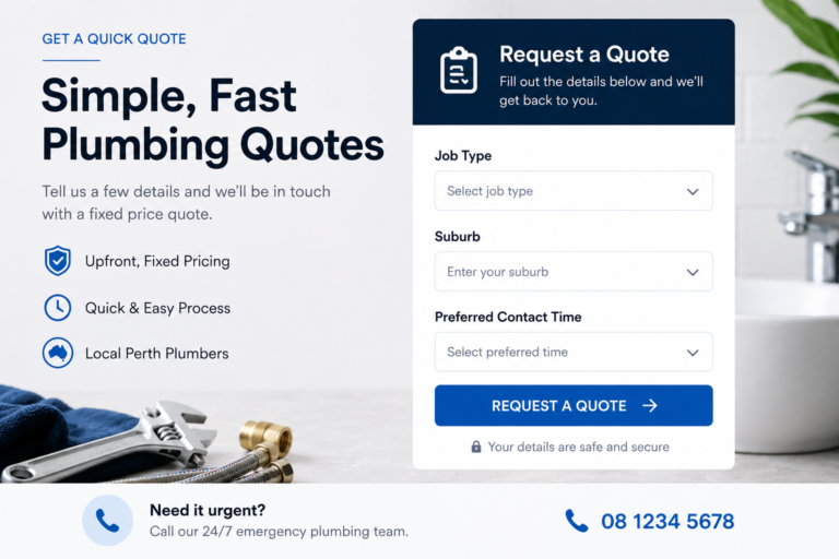 Plumber website quote form with job type, suburb and preferred contact time fields