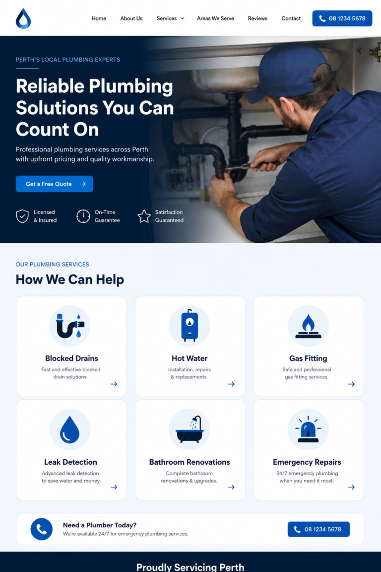 Plumber website service grid showing blocked drains, hot water, gas fitting and other services
