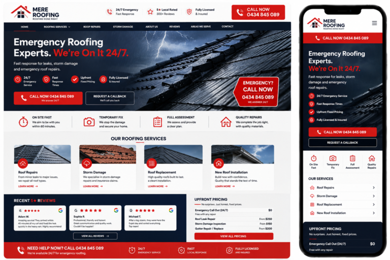 Perth roofing website design with click-to-call header for storm damage callouts