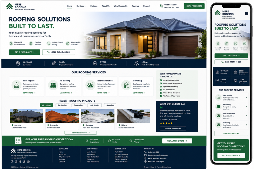 Perth roofing website design showing leak repair, re-roofing and restoration service pages