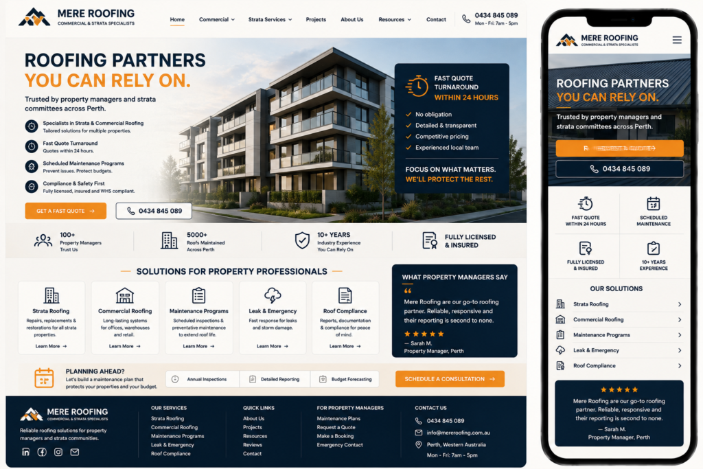 Perth roofing website design with suburb landing pages and photo-upload quote form